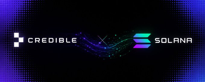 The image displays a promotional graphic for the cryptocurrency company Ripple, featuring two logos side by side on a black background with blue and purple hues. The first logo depicts a white letter "C" followed by the word "DIGITAL", while the second logo features a large white "S" surrounded by small white stars. In addition to these logos, there are also letters that say "CREDIBLE", "FINANCE", and "SOLANA". This text is overlaid on an image of a blue bubble. The background behind this graphic showcases a pattern with blue dots, adding depth and a sense of dynamism to the overall composition.