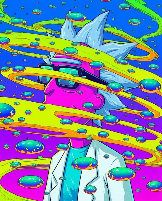 A vibrant, psychedelic digital illustration of a character with spiky blue hair wearing dark glasses and a white lab coat, surrounded by floating iridescent bubbles and swirling yellow/green tendrils against a blue and purple background.