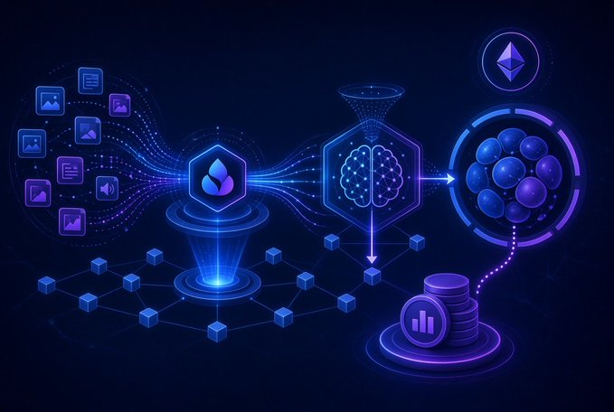 A stylized digital illustration depicting an AI workflow pipeline with data inputs (images and audio) flowing through a water droplet icon into a brain/honeycomb processing node, then branching into Ethereum and a database/analytics output, symbolizing AI integrated with blockchain technology.
