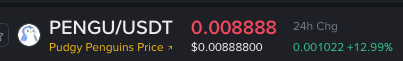 A crypto price chart showing PENGU/USDT at $0.008888 with a 24h change of +12.69%, and a Pudgy Penguins Price of $0.00888800.