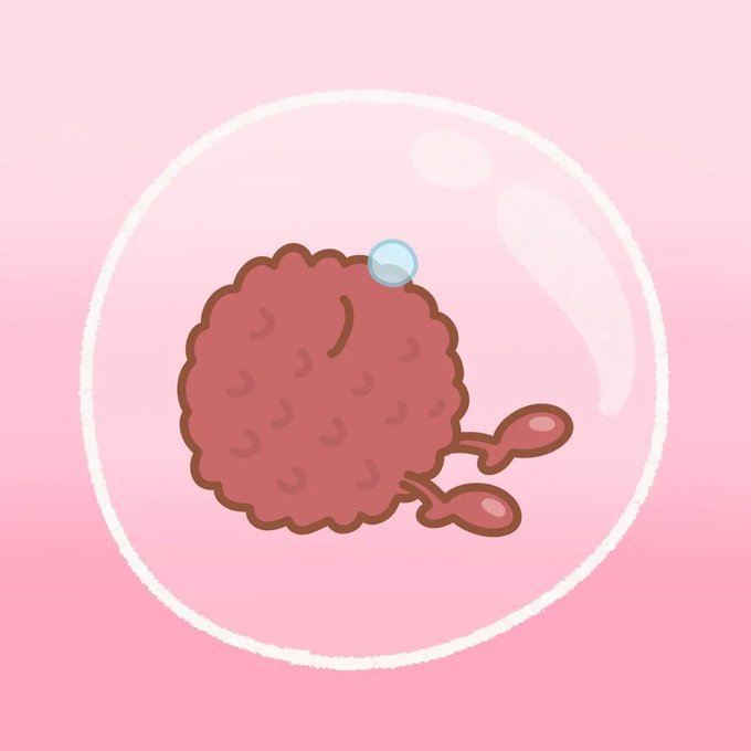 A whimsical illustration of a brown, lumpy creature with small limbs and a blue bubble on top, trapped inside a transparent bubble against a pink background.