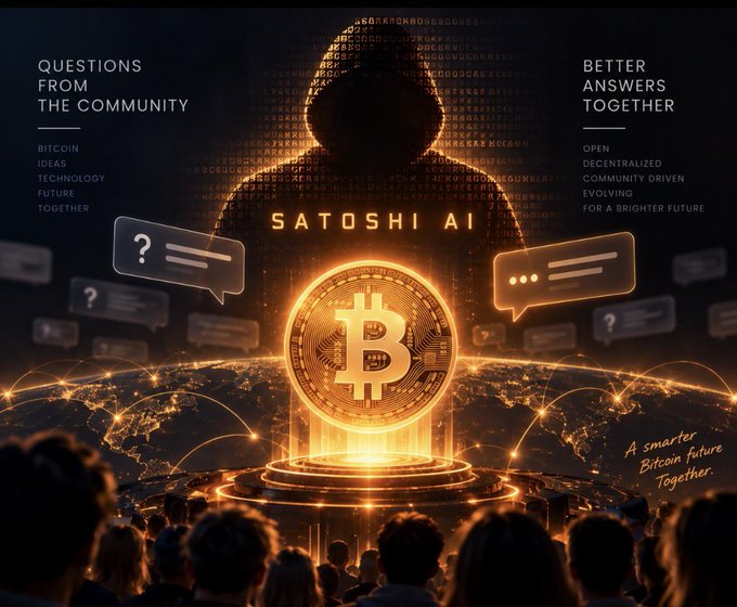 A Satoshi AI banner featuring a golden Bitcoin emblem at the center, a hooded figure silhouette surrounded by code, and text reading 'QUESTIONS FROM THE COMMUNITY' and 'BETTER ANSWERS TOGETHER,' with the tagline 'A smarter Bitcoin future Together.'