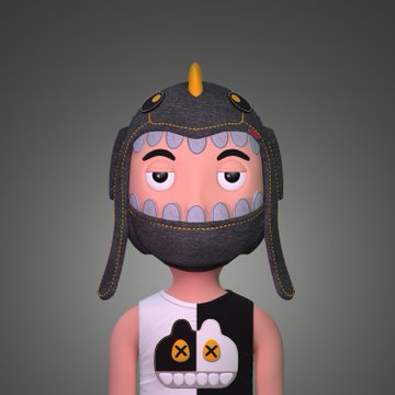 A 3D-rendered character wearing a black helmet with a spike and a face mask showing large teeth and X-shaped eyes.