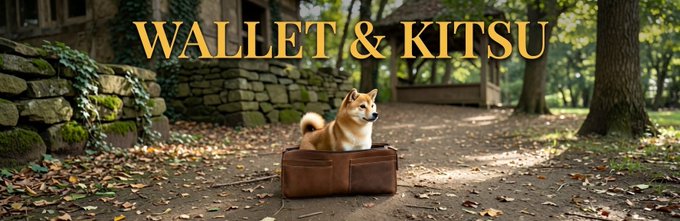 A Shiba Inu dog sits inside a brown leather bag on a leaf-covered path, with the text "WALLET & KITSU" displayed prominently above. The image visually plays on the post's reference to "$KITSU" (Kitsu Inu), depicting the mascot literally inside a wallet to reinforce the bullish stance on the token.