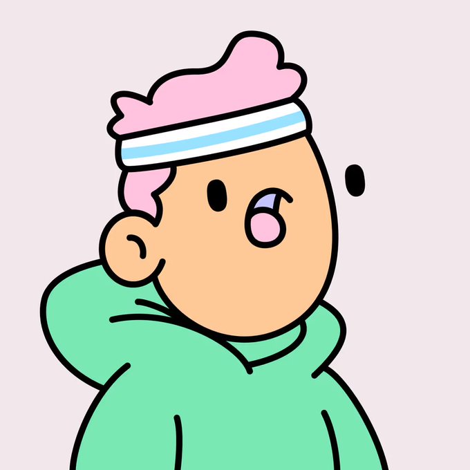 Cartoon illustration of a person with pink hair wearing a white and blue headband and a green hoodie, shown from a side angle with an open mouth expression.