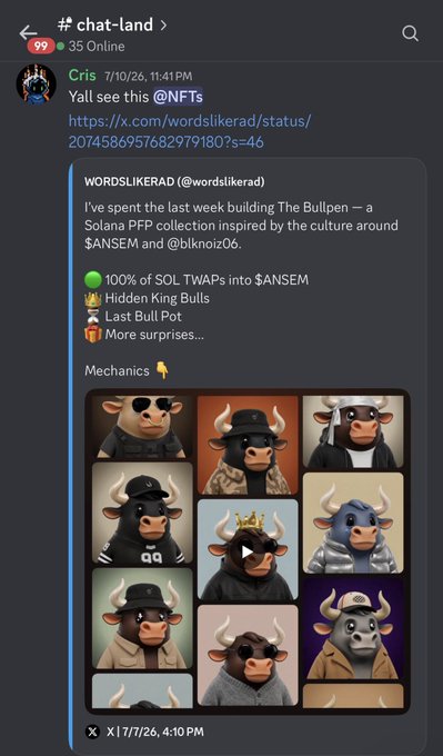 A Discord post in #chat-land shows user Cris sharing a link to a tweet by @wordslikerad about "The Bullpen," a Solana PFP collection inspired by the $ANSEM and @blknoiz06 culture, featuring 100% of SOL TWAPs into $ANSEM and various bull-themed NFT art. The accompanying comment discusses minting the collection early at .5 SOL and profiting from $ANSEM shilling despite community dislike.
