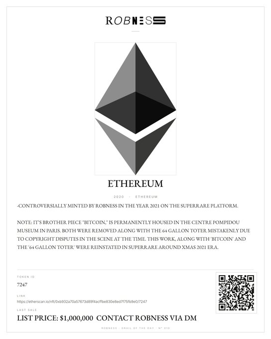 A certificate-like document for 'ROBNESS' featuring the Ethereum logo, with text describing it as 'CONTROVERSIALY MINTED BY ROBNESS IN THE YEAR 2021 ON THE SUPERRARE PLATFORM,' mentioning its connection to the Centre Pompidou, with Token ID 7247, a QR code, and a list price of $1,000,000.