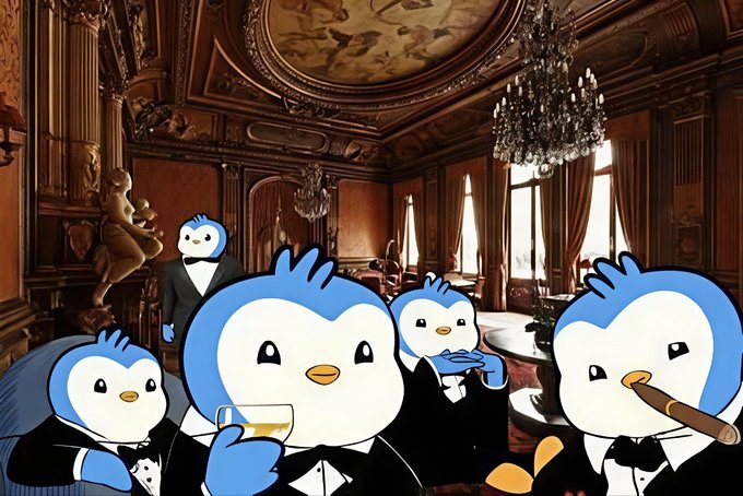 An illustrated scene featuring several cartoon penguins dressed in tuxedos and holding drinks and a cigar, set against an ornate, classical palace interior.