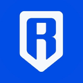 A simple blue background displaying a white logo that looks like the letter 'R' inside a shield or speech bubble shape.
