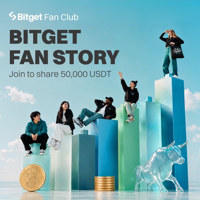 A promotional banner for 'Bitget Fan Club' with the title 'BITGET FAN STORY' and the offer 'Join to share 50,000 USDT', featuring people sitting on bars and a bull statue.