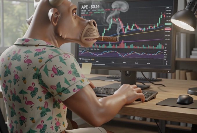 A man wearing a bull mask and a flamingo-patterned Hawaiian shirt smokes a cigar while analyzing stock charts on his monitor, with "APE - $0.14" visible at the top of the screen.
