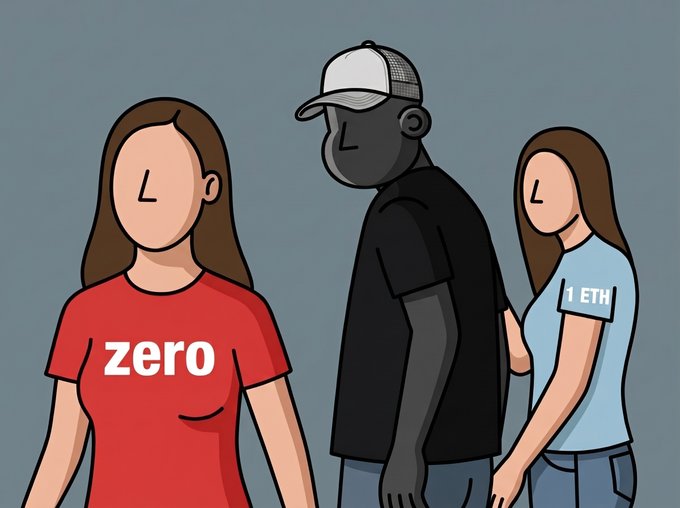 Three minimalist figures with "L"-shaped faces appear on a gray background: a woman in a red "zero" shirt, a person in a black shirt with a white cap, and a woman in a blue "1 ETH" shirt. The image visually represents the phrase "Got our priorities clear" by juxtaposing the value of "zero" against "1 ETH," implying a humorous commitment to prioritizing cryptocurrency over other values.