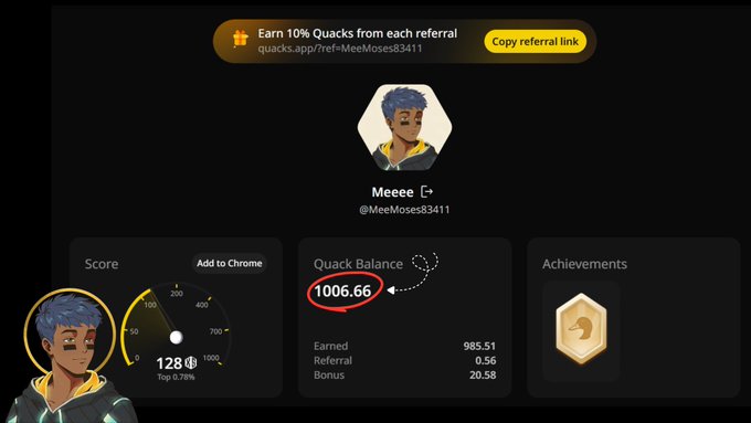 The image shows a screenshot of a social media platform, possibly Instagram or Twitter, with a profile picture of a person wearing a yellow shirt. The main focus of the image is a list of achievements that the user has earned by liking and sharing posts from others on the platform. These achievements include 1006+ likes, 605+ retweets, and 1010+ followers. The post also mentions that the user has been referred to as "quacks" in the past.