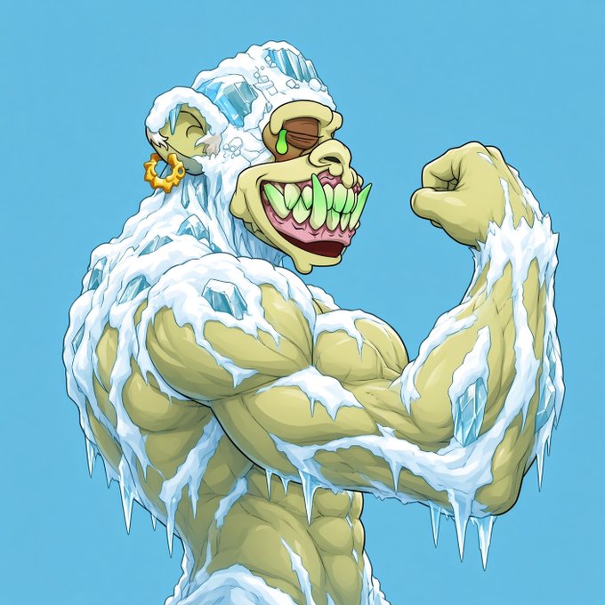 An illustration portrays a muscular ape flexing its arm, covered in snow and icicles, wearing a gold earring and a beanie.