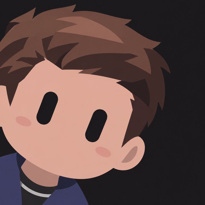 A digital illustration of a young cartoon-style boy with messy brown hair, simple black oval eyes, pink blushing cheeks, and a blue jacket against a black background.