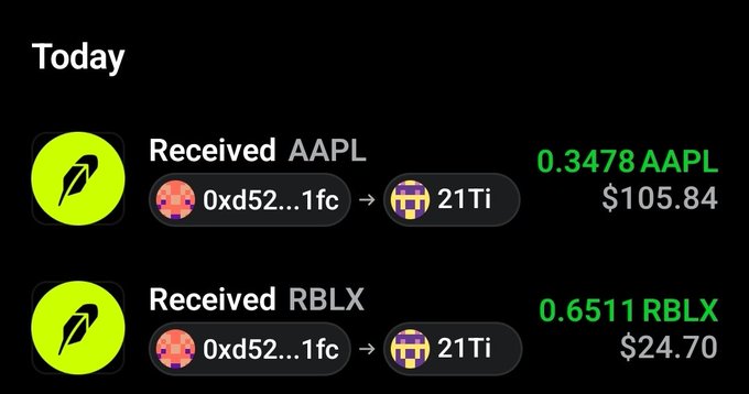 A Robinhood transaction summary showing 'Received AAPL 0.3478 AAPL ($105.84)' and 'Received RBLX 0.6511 RBLX ($24.70)' transferred today from wallet 0xd52…1fc to 21Ti.
