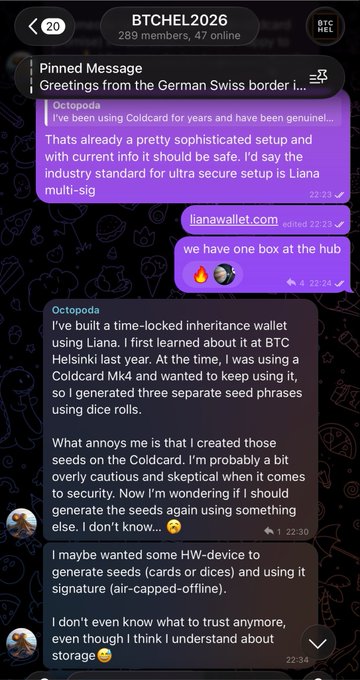 A Telegram chat in BTCHEL2026 (289 members) showing Octopoda discussing Coldcard, Liana multi-sig wallet setups, time-locked inheritance wallets, and seed generation methods.