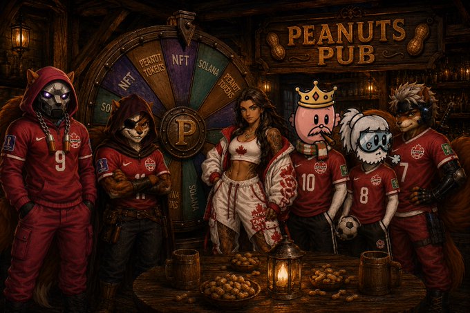 The image features a group of six cartoon characters, including two women and four men, standing around a table with snacks such as donuts and beer. The characters are dressed in costumes that resemble Peanuts pub's mascot, and they appear to be enjoying their time together at the pub. The post includes text about the Peanuts pub and a game called "Nuts of Fortune".