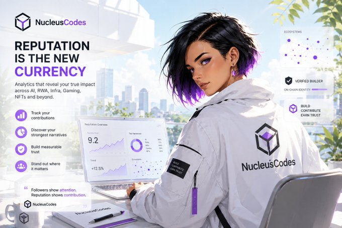 A promotional graphic for NucleusCodes featuring an anime-style character in a white jacket, with the headline 'REPUTATION IS THE NEW CURRENCY' and features like 'Track your contributions,' 'Discover your strongest narratives,' and 'Build measurable trust.'
