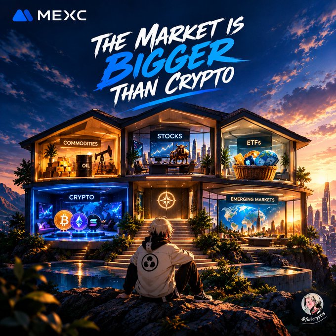 A MEXC cryptocurrency advertisement featuring an anime character sitting before a modern house with labeled rooms for Crypto, Commodities, Stocks, ETFs, and Emerging Markets, with text 'The Market is BIGGER than Crypto.'