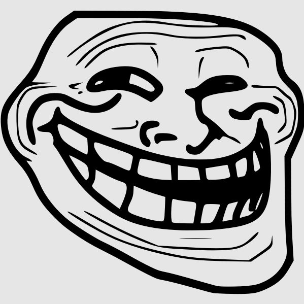 A black and white line drawing of the classic 'Trollface' internet meme with a wide, sinister grin.