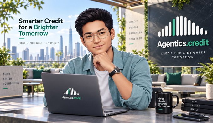 An advertisement for 'Agentics.credit' featuring a young man with glasses using a laptop, with the tagline 'Smarter Credit for a Brighter Tomorrow'.