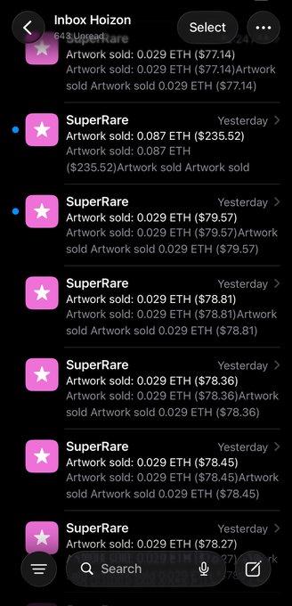 A smartphone screenshot of an email inbox titled 'Inbox Horizon' showing multiple notifications from 'SuperRare' about artwork sold for various ETH amounts, including $77.14, $235.52, $79.57, $78.81, $78.36, $78.45, and $78.27.