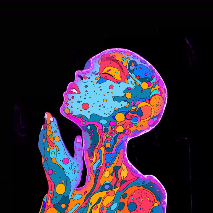 The image features a colorful illustration of a person's face painted in various shades of blue, pink, green, orange, and purple. The person appears to be praying or meditating with their hands together. The background is black, which contrasts with the vibrant colors of the painting. The caption below the image reads "Happy #TEZOSTUEDAY friends! Open collab with @an1eth Original art by an1, which I animated in After Effects, then added an original EDM style soundtrack created in Cubase, with Addictive Drums 2, and NI Massive."
