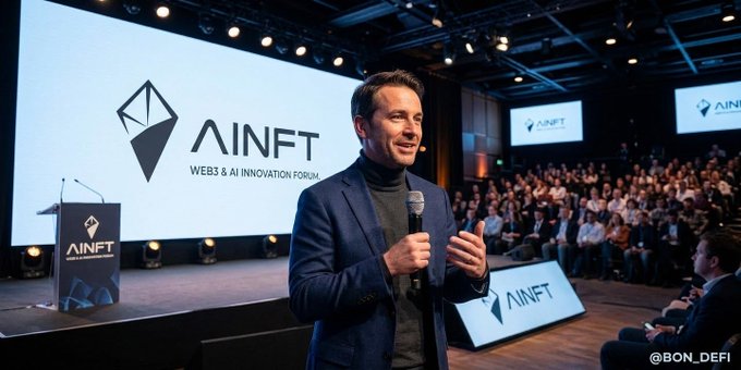A man in a navy blazer and turtleneck speaking into a microphone at the AINFT Web3 & AI Innovation Forum, with the event's branding displayed on screens behind him.
