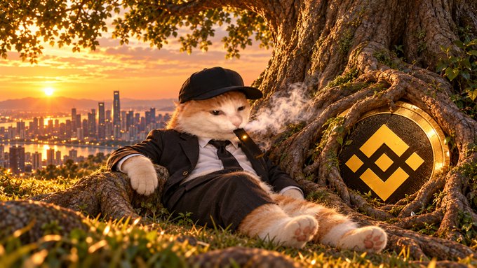 An orange and white cat wearing a black suit, tie, and cap smokes a cigar while leaning against a tree containing a glowing Binance logo medallion, with a city skyline at sunset in the background.