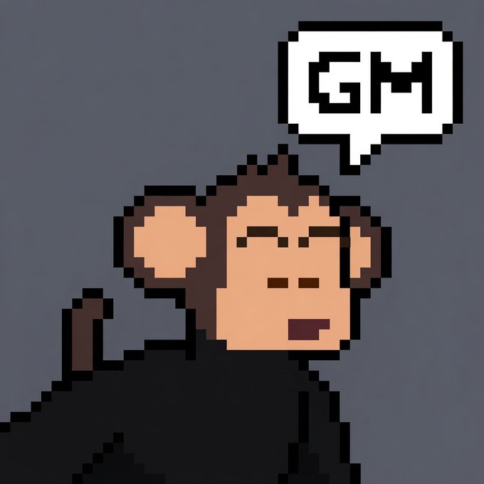 A pixel art monkey character wearing a black hoodie with a speech bubble saying 'GM' on a gray background.