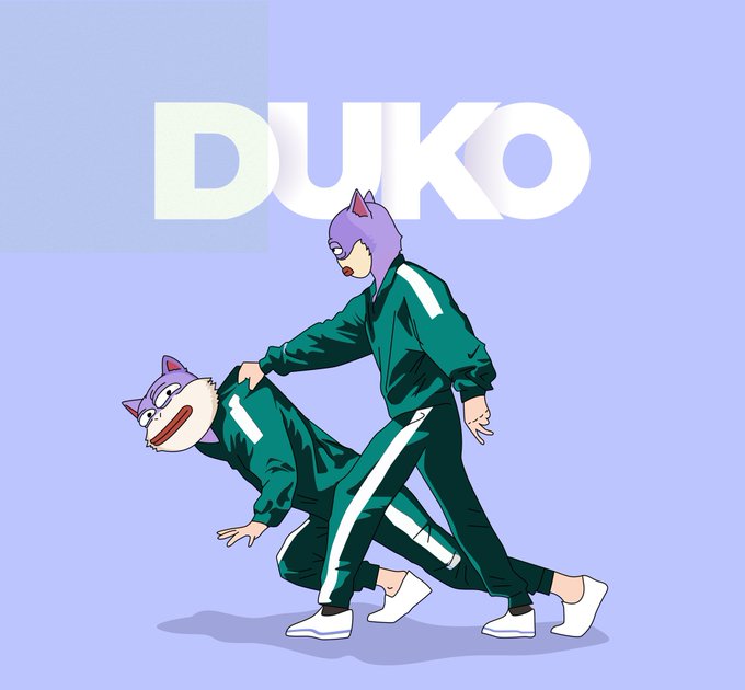 Illustration of two figures in green tracksuits wearing purple cat masks, one bending over as the other grabs him, with the text 'DUKO' in the background.
