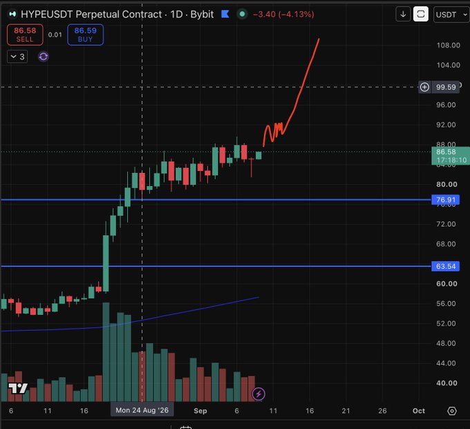 A daily HYPEUSDT perpetual-contract chart shows HYPE near $86.58, down 4.13%, with blue support lines near $79.91 and $63.54 and a red projected trend line.