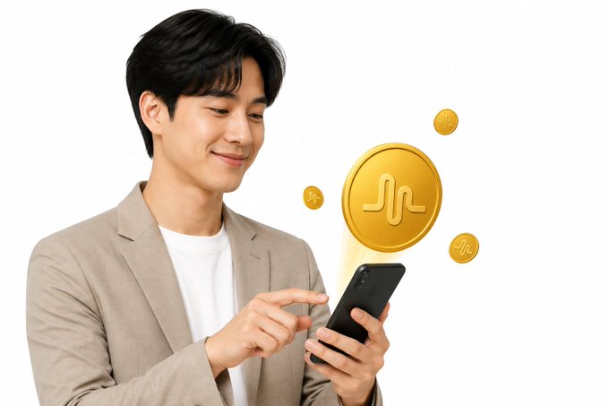 A young man in a beige blazer smiles while looking at his smartphone, which is surrounded by floating gold coins bearing a stylized 'J' or wave-like logo.