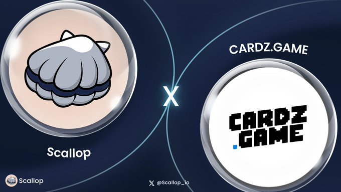A graphic announcement shows a collaboration between 'Scallop' (represented by a scallop shell icon) and 'CARDZ.GAME' (represented by a pixelated logo), separated by an 'X' on a dark blue background with social media handles '@Scallop' and '@Scallop_io' at the bottom.