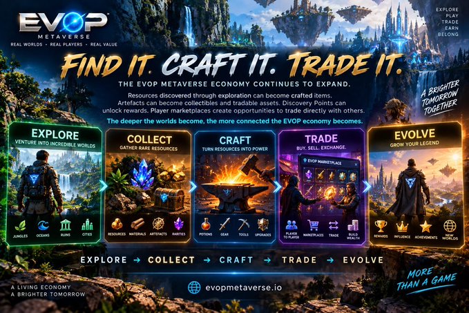 A promotional graphic for the "EVOP METAVERSE" displays the tagline "FIND IT. CRAFT IT. TRADE IT." and outlines gameplay loops including EXPLORE, COLLECT, CRAFT, TRADE, and EVOLVE, with the URL evopmetaverse.io.