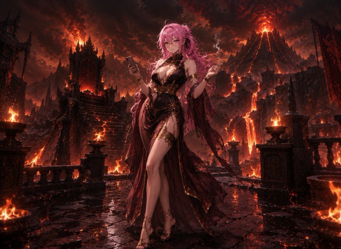 A fantasy digital artwork featuring a pink-haired anime woman in an elegant red gown, holding a phone and a smoking stick, standing before a dramatic volcanic landscape with fire and a smoking volcano.
