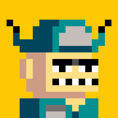 A pixel art style avatar of a character with teal hair/headwear, sunglasses, and a wide toothy grin against a bright yellow background.
