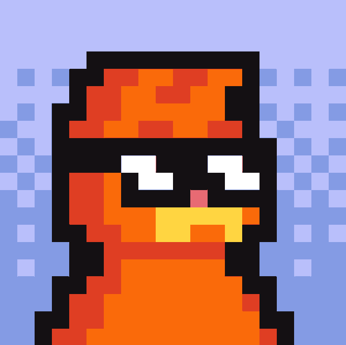 A pixel art illustration of an orange ninja-like character wearing a black mask and yellow scarf, set against a blue checkered background.