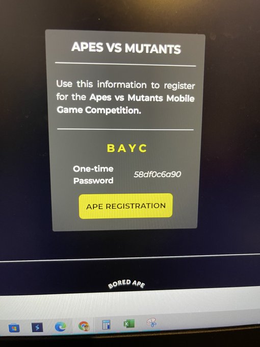 A computer screen displaying an 'APES VS MUTANTS' registration page with a BAYC one-time password and an 'APE REGISTRATION' button.