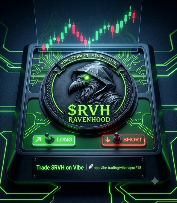 A promotional graphic for '$RVH Ravenhood' token on Vibe Trading, featuring a hooded raven emblem with Long and Short trading buttons.