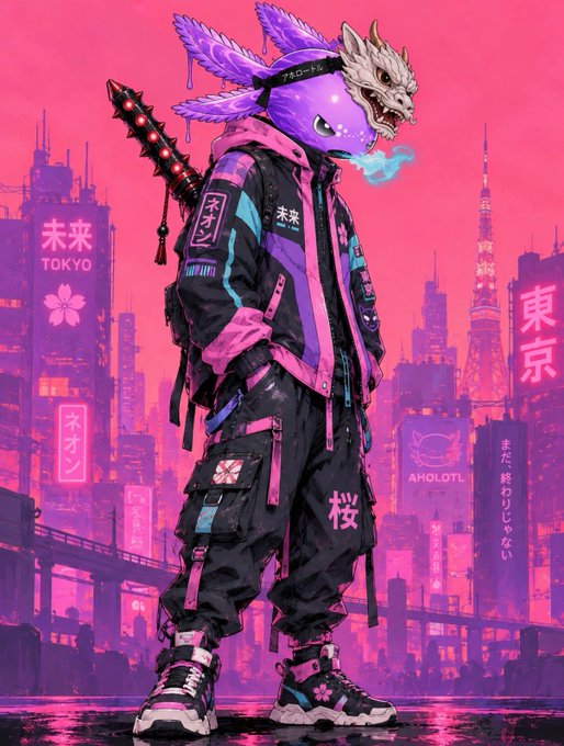 An axolotl-headed cyberpunk samurai in a neon-lit Tokyo setting, standing in a black and pink tactical outfit while carrying a katana, with visible Japanese text like "未来 TOKYO," "桜," "東京," "ネオン," and "AHOLOTL" — perfectly embodying the post's theme of the AxoRoninNFT merging traditional samurai aesthetics with futuristic digital art.