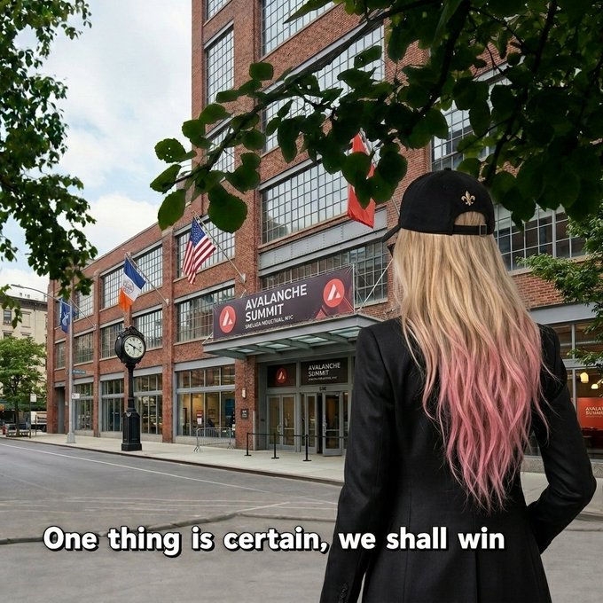 A person with long blonde-pink ombre hair viewed from behind, wearing a black jacket and a cap with a fleur-de-lis emblem, standing outside a brick building displaying 'AVALANCHE SUMMIT' banners with flags; overlaid text reads 'One thing is certain, we shall win.'