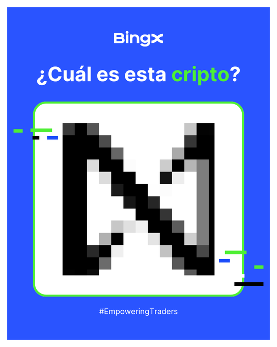 A BingX promotional graphic in Spanish asks "¿Cuál es esta cripto?" (Which crypto is this?) and displays a pixelated crypto logo with the hashtag #EmpoweringTraders.