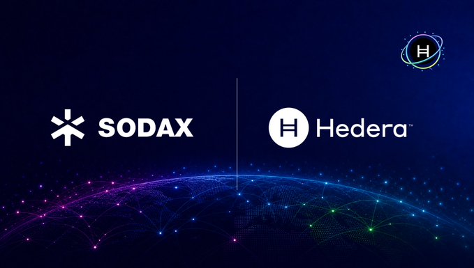 The image features the SODAX and Hedera logos displayed side by side against a dark blue background with a glowing, interconnected globe at the bottom, visually representing the bridging of networks and the unification of liquidity across blockchain ecosystems.