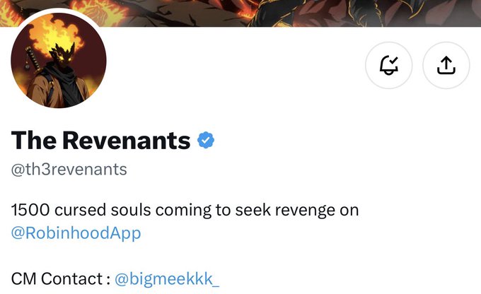 A Twitter/X profile for 'The Revenants' (@th3revenants) featuring a flaming samurai avatar, with bio stating '1500 cursed souls coming to seek revenge on @RobinhoodApp' and CM contact @bigmeekk_