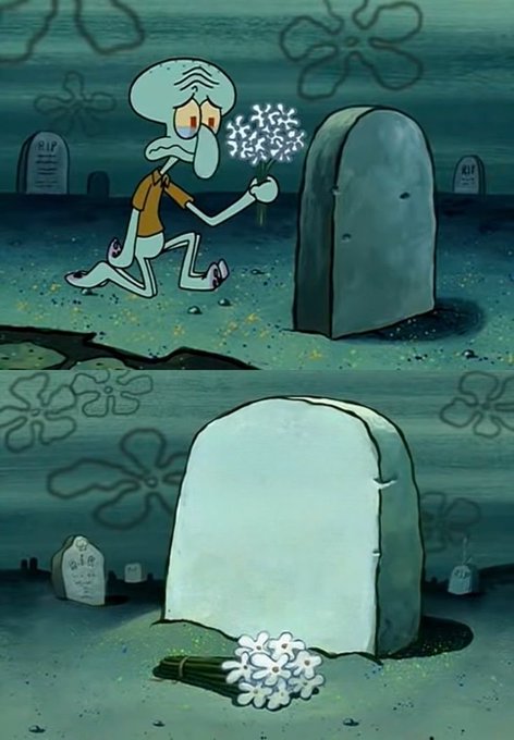 A two-panel cartoon from SpongeBob SquarePants showing Squidward placing a bouquet of flowers in front of a gravestone, followed by a panel showing the grave in a tidy, pristine state.