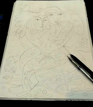 A pencil drawing on white paper depicting two figures embracing, with a black mechanical pencil resting on the artwork.