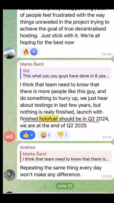 A Telegram chat conversation dated June 22 discusses project frustrations regarding decentralized hosting and mentions 'holofuel' having a launch date of Q2 2024, which is now Q2 2025.