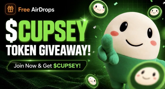 A promotional advertisement for a '$CUPSEY Token Giveaway' featuring Free AirDrops, with a cute green and white cartoon mascot character pointing at the viewer.